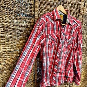 Sovereign Code Red and White Plaid with Epaulets and Snap Down Buttons.